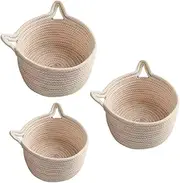 3 Pack Woven Storage Basket Cotton Rope Storage Baskets with Cat Ear Handle Small Cute Pet Bed Cat Dog Toy Baskets Storage Organizer for Keys Gift Books (Round)