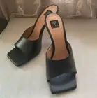 Lita By Ciara Sandals Women EU 39 Black Square Toe Leather Slip On Heel Slides