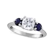 6.5mm White Topaz and Blue Sapphire Three Stone Ring in Solid 10K White Gold