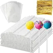 iDopick 300Pcs Lollipop Sticks Cake Pop Bags and Wrappers Kit, 4IN Cake Pop Sticks with Clear Treat Bags & Metallic Twist Ties, Cake Pops Making Tools for Lollipops, Candies, Chocolates Cookies