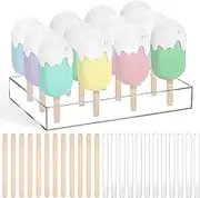 Gejoy Cakesicle Stand Display 12 Holes Acrylic Cake Pop Stand with 12 Pcs Reusable Acrylic & 50 Pcs Wooden Sticks Clear Ice Sticks Holder for Dessert Table Birthday Wedding Party