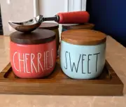 Rae Dunn Ice Cream Toppings 4 Canisters with Lids, Ice Cream Scooper, Wood Tray