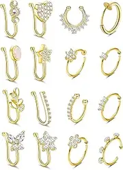 [DOLOTTA] 12-16Pcs Nose Cuff Fake Nose Ring Hoop Clip on Nose Ring CZ Dangle Fake Nose Ring Cartilage Tragus Ring Nose Cuff Non Piercing for Women Men
