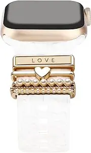 Leopard Engraved Watch Band with Crystal Love Heart Pearls Watch Charms Loop Compatible with Apple Watch Decorative Silicone Watch Straps for iWatch Series 9 8 7 6 5 4 3 2 1 Ultra SE