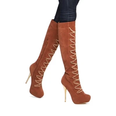 Lucille by Scene (SHOEDAZZLE) Brown faux suede gold chain and heel boots, SZ 7.5
