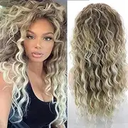 Long Curly Wig for Black Women Curly Wavy Synthetic Wig Loose Wave Hair Glueless Heat Resistant Synthetic Wig for Daily Party (Brown Mixed Blonde)
