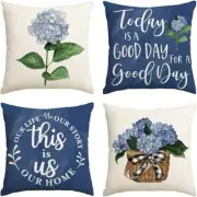 Blue Hydrangea Spring Summer Throw Pillow Covers 18 x 18 Inch for Sofa Couch x 4