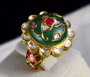 Natural Colombia Emerald Ruby Cabochon Flat Diamond 22K Gold Jadau Cocktail Ring