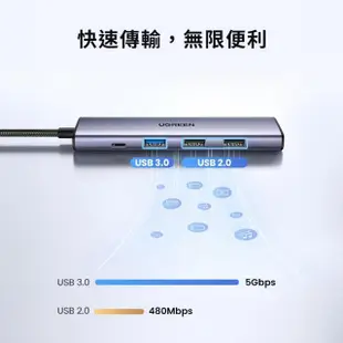 【綠聯】五合一Type-C集線器 極簡版(USB3.0*1+USB2.0*2+HDMI+PD100W HUB)