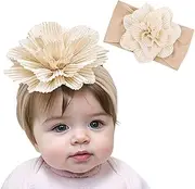 [Yheahin] Large Flower Elastic headband for Baby Girl Infant Soft Fabric Chiffon Floral Hairband Toddler Newborn Christening Baptism Hair Accessories (Flower 1 - khaki, Elastic)