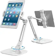 AboveTEK Long Arm Aluminum Tablet Stand, Folding iPad Stand with 360° Swivel iPhone Clamp Mount Holder, Fits 4-11" Display Tablet/Phones for Kitchen Table Bedside Office Desk POS Kiosk Reception