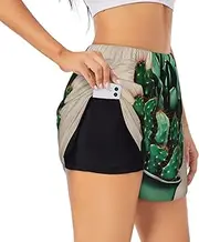 [GaxfjRu] Cactus Art Print Women's Running Shorts High Waisted Running Shorts Pocket Sporty Gym Elastic Short
