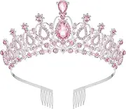[Auswalar] Silver Rhinestone Tiara Crown Princess Hair Accessories,Crystal Princess Tiara Crown with Pink Rhinestones, Silver Metal Hair Comb for Bride, Bridesmaid, Princess, Girl, Standard, Metal Crystal