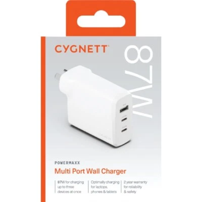 Cygnett PowerPlus 87W Multi Port Wall Charger 3 Port - USB A & USB C AC Adaptor