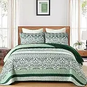 Green Boho Quilt Set King Size Bohemian Striped Bedspread Coverlet Set, Dark Green Boho Patchwork Quilts Paisley Pattern Soft Microfiber Reversible Bedding Set for All Season (Emerald Green 104''x90)