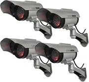 Yuarisx Solar Powered Dummy Fake Security Camera Bullet CCTV Surveillance with Simulated LED Realistic Red Flashing Light and Security Warning Sticker Decal Indoor Outdoor, 4 Pack