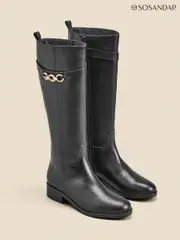Sosandar Black Leather Flat Knee High Boots With Metal Trim (Q49012) | $390