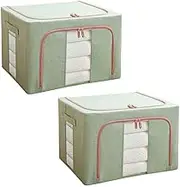 INONE Foldable Fabric Storage Box with Crushed Steel Frame, 100L Clothes Storage Box - Durable Clothing & Closet Storage, Blanket/Quilt/Toy Organiser, Storage Containers for Linen Closet (2PCs Green)
