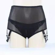 Allacki Open Crotch 6 Straps Garter Belt Sheer Mesh Girdle with Metal Clips