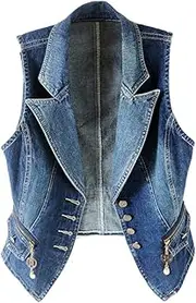 [Kedera] Women's Lapel Washed Blue Denim Vest Button Up Waistcoat Jean Jacket