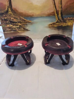 Two African Hand Carved Hard Wood Elephant Ashtray Made In Kenya