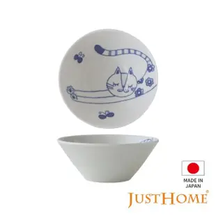 【Just Home】日本製手繪感貓咪陶瓷4.5吋點心缽/碗(伸展貓)