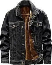 [Qolkmuiy-GJ] Men's Lapel Sherpa Denim Trucker Jacket Fleece Lined Thicken Jean Jackets Thermal Button Down Trucker Coat