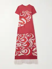 [La DoubleJ] La DoubleJ - Swing Feather-trimmed Printed Silk-twill Maxi Dress - Red - large large Red