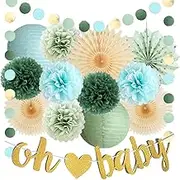 Sage Green and Blue Baby Shower Decorations Paper Lanterns Tissue Paper Pom Poms Olive Sage Green and Light Blue Baby Shower Decorations with Oh Baby Banner Gold for Baby Boys