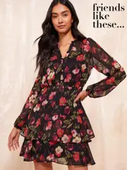 Friends Like These Black Petite Long Sleeve Printed Chiffon Mini Dress (E80032) | $83