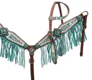 Showman Headstall & Breast Collar Set w/Teal Aztec Print, Suede Fringe &