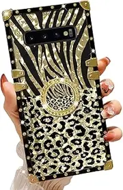 Case for Galaxy S10E, Samsung S10E Phone Case with Kickstand Ring Stand Retro Elegant Luxury Sparkle Leopard Cheetah Print Design Gold Full Protection Square Protective Phone Cover for Girls Women