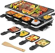 Reversible Raclette Grill, Raclette for 8 Persons, 1300W Non-Stick Electric Grill with 8 Mini Raclette Cheese Pans & 1 Wooden Spatula, for Indoor Barbecuing in the Family