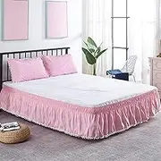Liveinu Wrap Around Bed Skirt, Elastic Dust Ruffled 16 Inch Drop, with Adjustable Elastic Belt, Easy to Install, Light Pink