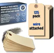 Easytwelve - 125 Pcs Hang Tags with Reinforced Eyelet, Pre-Attached Wire Cardboard for Labeling Price Sale Shipping Product Inventory Luggage Garage Hanging Items 4 3/4 x 2 3/8 inch (Manila Wire)