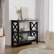 Oikiture 3-Tier Console Table X-Design Wood Sofa Table Hall Side Entry Black