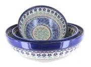 Blue Rose Polish Pottery Aztec Flower 3 Piece Serving Bowl Set