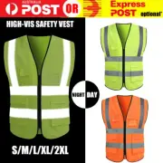 Hi Vis Safety Vest Reflective High Visibility Tape Zip Up Workwear Pocket Night