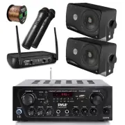 Wireless Bluetooth Receiver, Microphone Set, 2x Waterproof Black Speakers, Wire