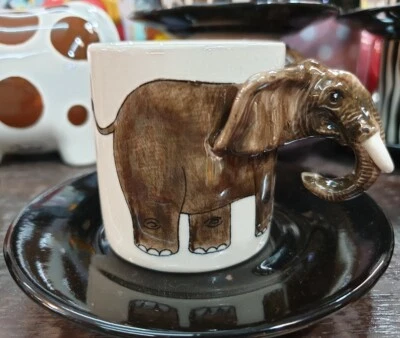 2oz Set Espresso Coffee Cup and Saucer Ceramic Elephant Pattern Safari Handle