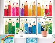 9 Sheets Watercolor Pencil Window Clings Double-Sided Window Stickers Colorful Pencils Window Decals for First Day of School Back to The School Classroom Wall Glass Blackboard Decorations