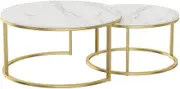 AIMALL Round Marble Effect Rock Plate Tea Table Set – Modern Nesting Coffee Tables with Metal Frame for Living Room Bedroom Balcony, Black and Gold Options
