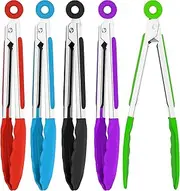 7 Inch Silicone small Tongs Set, mini Kitchen tongs with Silicone Tips Food Tongs Stainless Steel Cooking Tongs for Salad, Grilling, Frying and Cooking (Blue,Green,Red,Purple,Black, 5 Pieces)