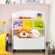 CostwayKids Wooden Storage Cabinet with Rolling Casters Book Shelf Organizer-White