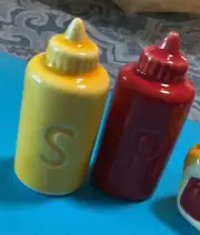 Mini ketchup mustard salt pepper shakers, NEW