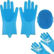 YUXIANLB 2 Pcs Pet Grooming Set Dog Washing Gloves with Enhanced Five Finger Design and Silicone Dog Bath Brush for Hair Removal Massage Efficient Deshedding Glove for Dogs Cats Horses Rabbits Blue