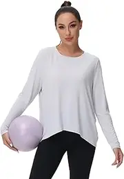 [MCEDAR] Women's Lightweight Loose Fit Long Sleeve Workout Top Pleated Back Crewneck Tee for Yoga Running Gym