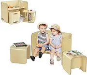 HONEY JOY Kids Table and Chair Set, 3 Pieces Wooden Activity Table Bench w/Storage Shelves, Desk Chair for Children Learning, Reading, Arts, Crafts, Snack Time, Toddler Table & Chair Set for Playroom