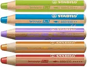 STABILO Multi-talented Pencil woody 3-in-1 - Box of 5 - Red, Orange, Leaf Green, Cyan Blue & Lilac + Sharpener