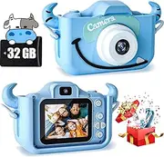 Kids Camera Toys for 3 4 5 6 7 8 9 10 11 12 Year Old Boys/Girls, Kids Digital Camera for Toddler with Video, Christmas Birthday Festival Gifts for Kids, Selfie Camera for Kids, 32GB SD Card (Blue Cow)